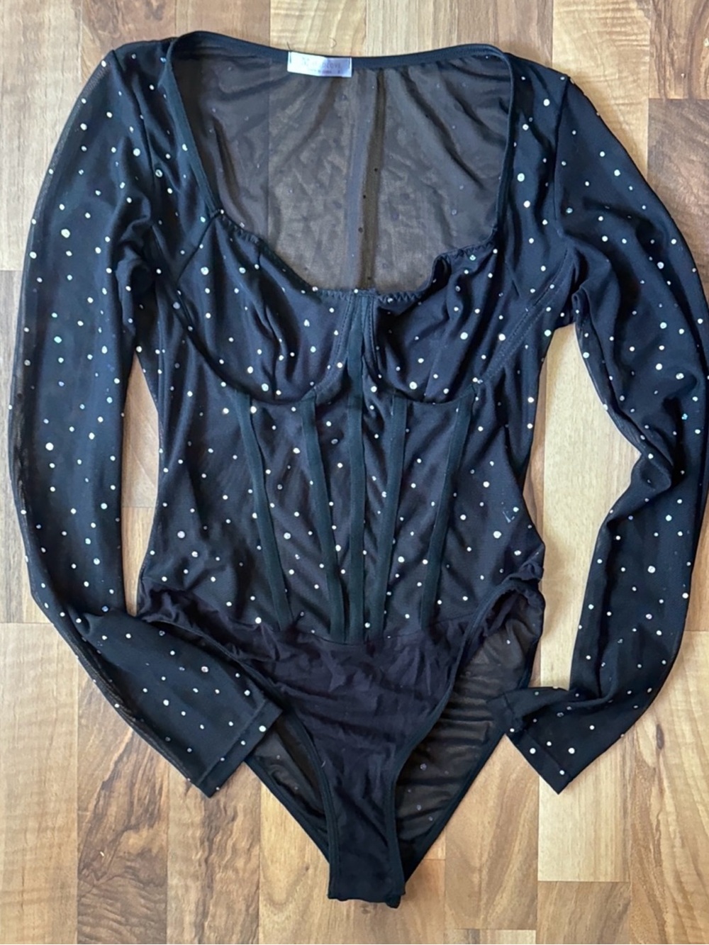 Black Rhinestone Mesh Long-Sleeve Bodysuit - Picture 2 of 7